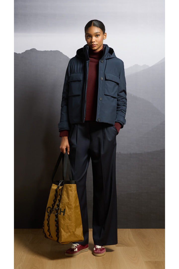 Cloud Jacket with Stand-Up Collar and Packable Hood (Melton Blue) - Detail View 8