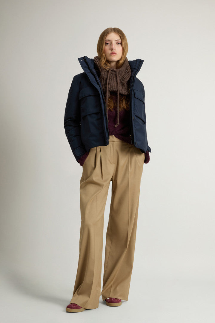 Cloud Jacket with Stand-Up Collar and Packable Hood (Melton Blue) - Detail View 1