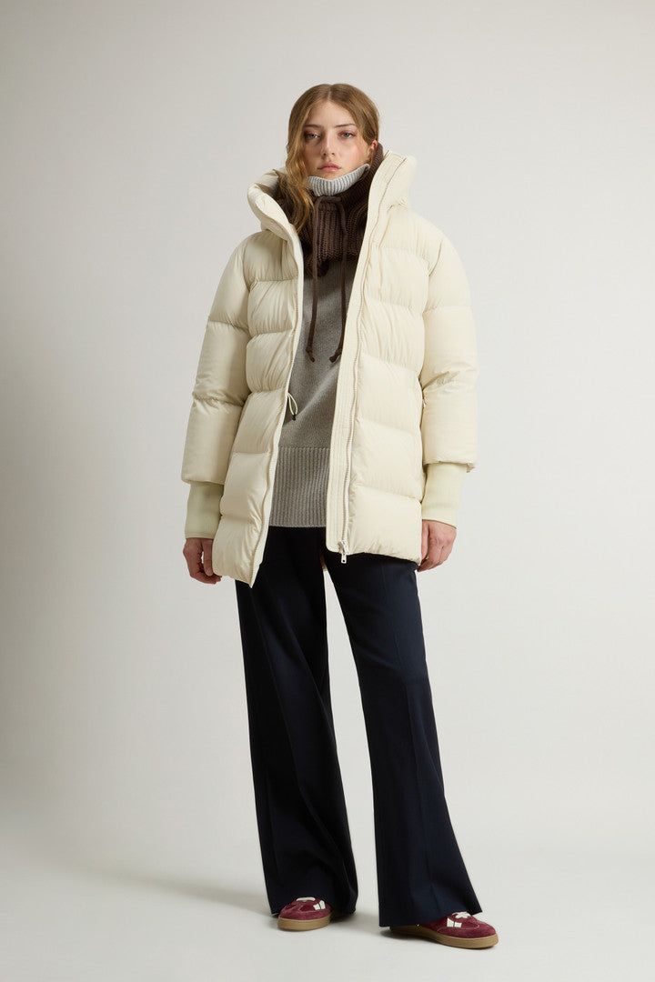 Cloud Down Jacket in Stretch Nylon with Matte Finish (Milky Cream) - Detail View 1