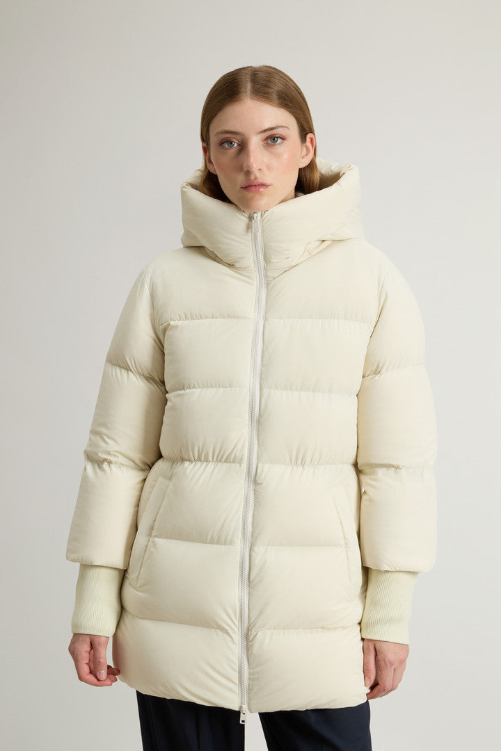 Cloud Down Jacket in Stretch Nylon with Matte Finish (Milky Cream) - Main View