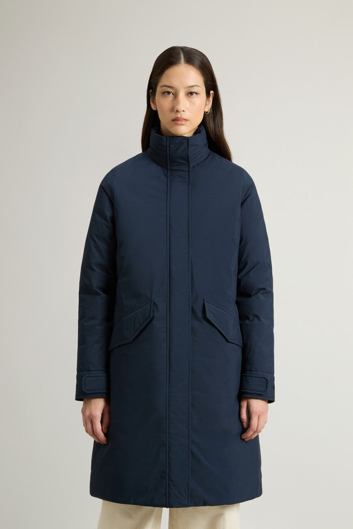 Long Cloud Jacket with Foldaway Hood (Melton Blue) - Detail View 1