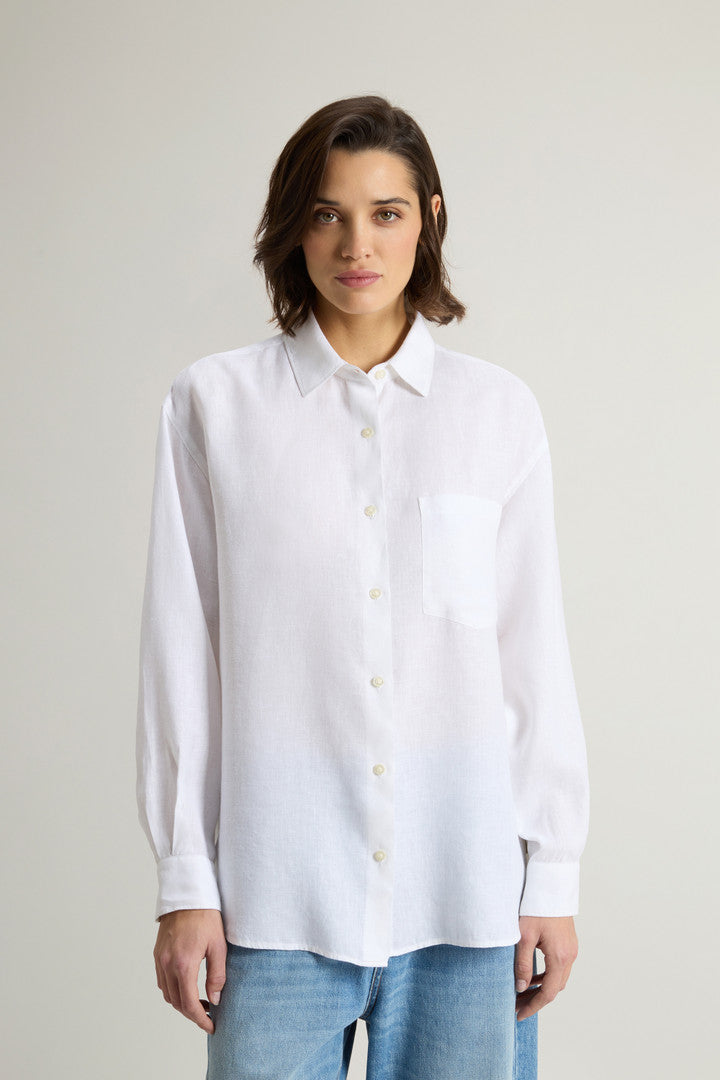 Garment-Dyed Pure Linen Shirt (Bright White) - Detail View 1