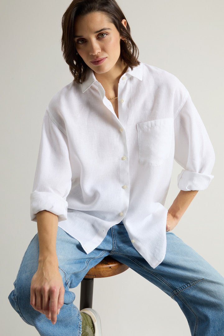 Garment-Dyed Pure Linen Shirt (Bright White) - Detail View 4