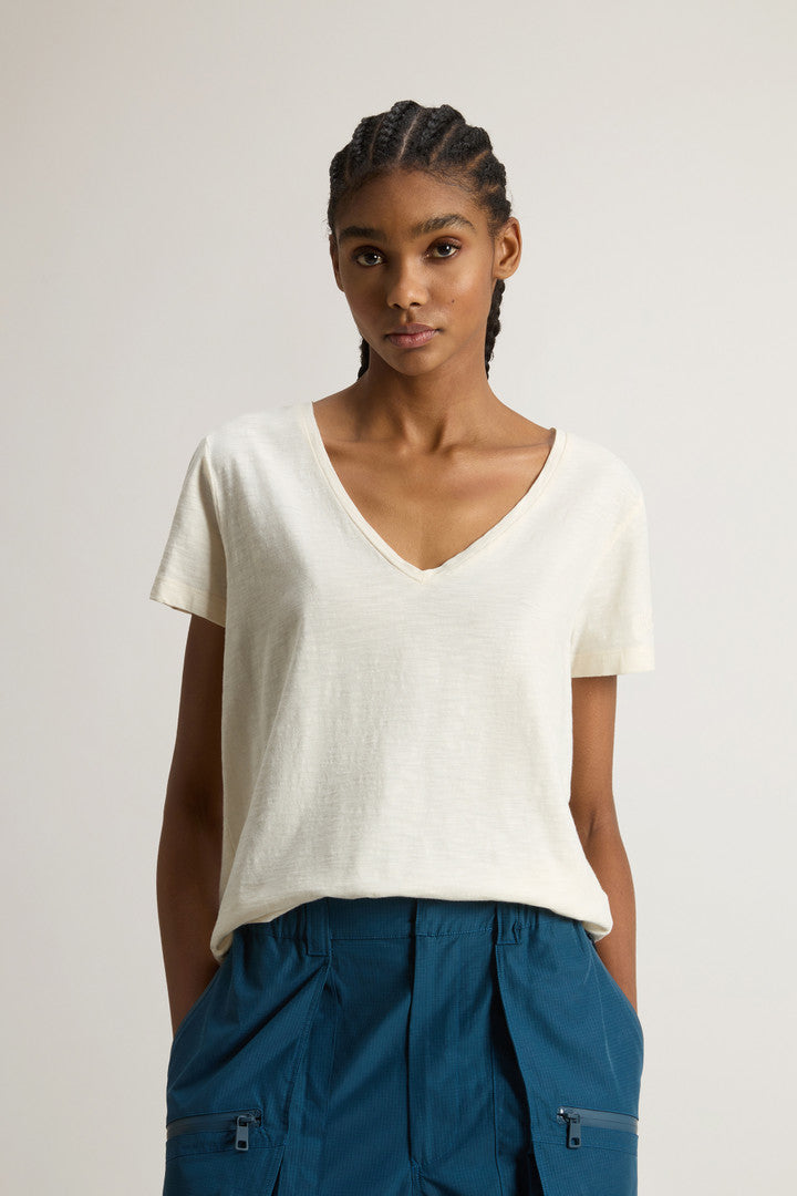 Pure Cotton Slub T-Shirt with V-Neck (Jet Stream) - Detail View 1