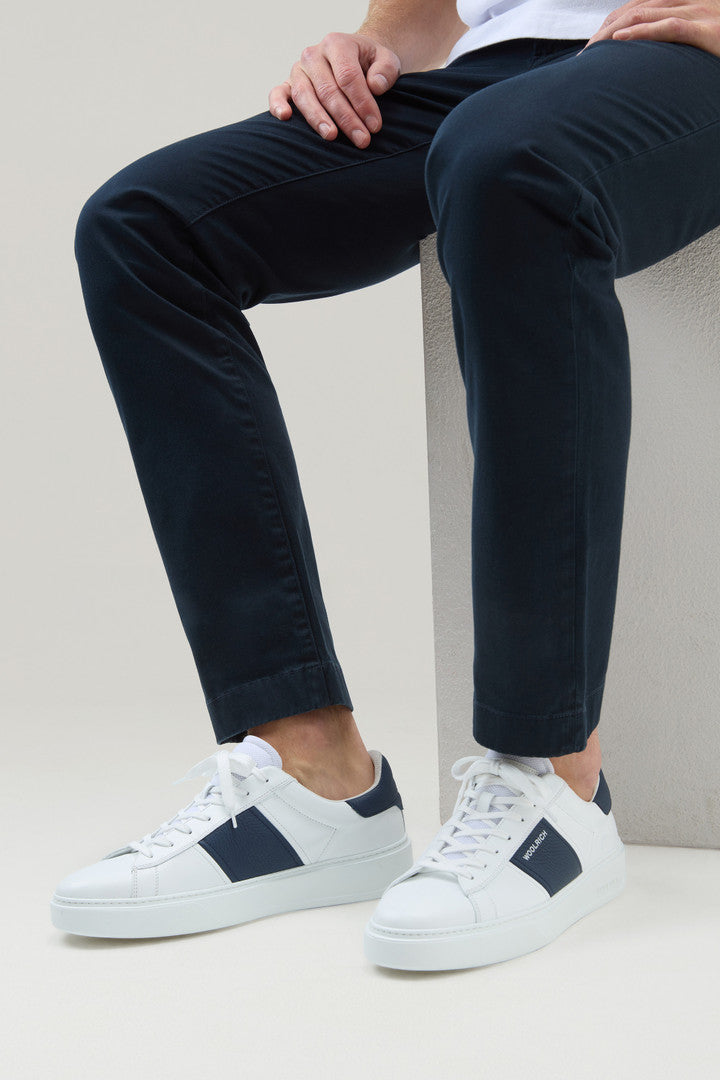 Classic Court Sneakers in Leather with Contrasting Trim (White Blue) - Detail View 5