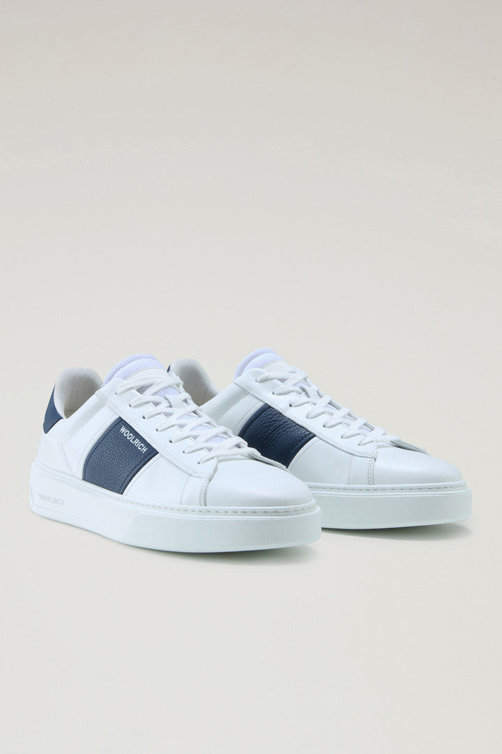 Classic Court Sneakers in Leather with Contrasting Trim (White Blue) - Detail View 1