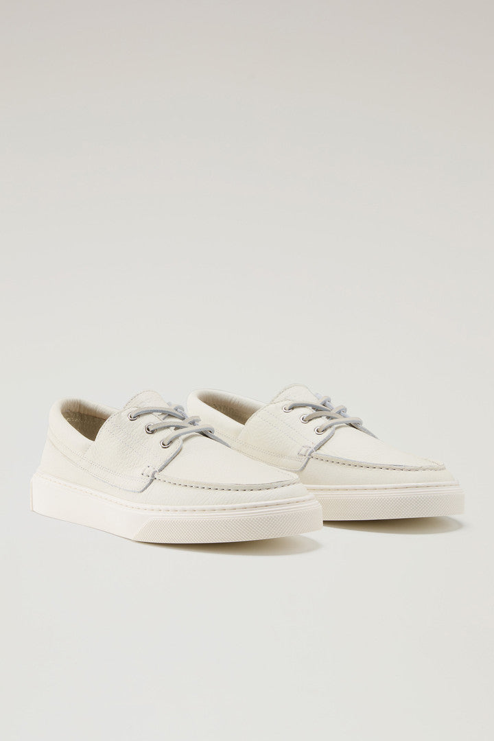 Tumbled Leather Boat Shoes (Cream) - Detail View 1