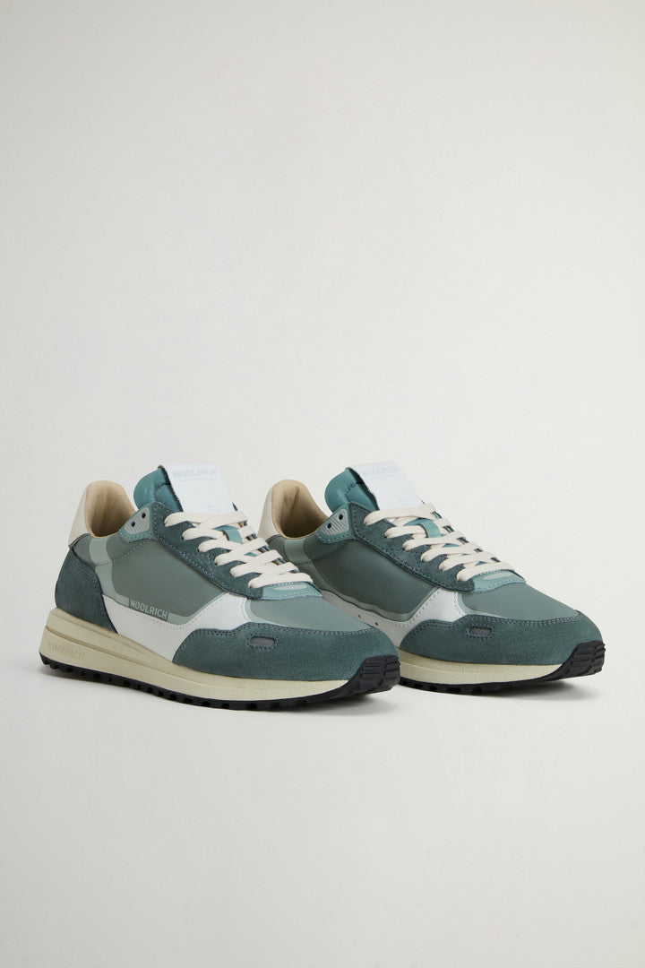Retro Sneakers in Nylon with Leather and Suede Details (White Beige) - Detail View 1