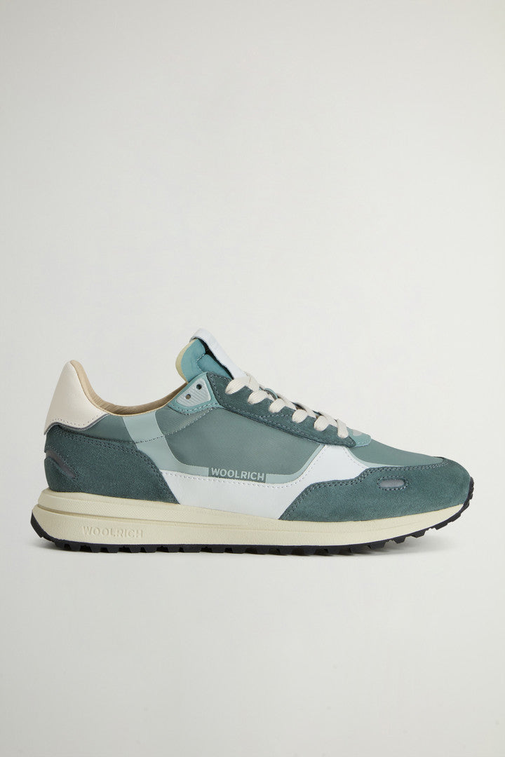 Retro Sneakers in Nylon with Leather and Suede Details (White Beige) - Main View