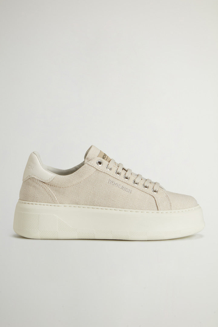 Chunky Court Sneakers with Embroidered Logo (Beige Off White) - Main View