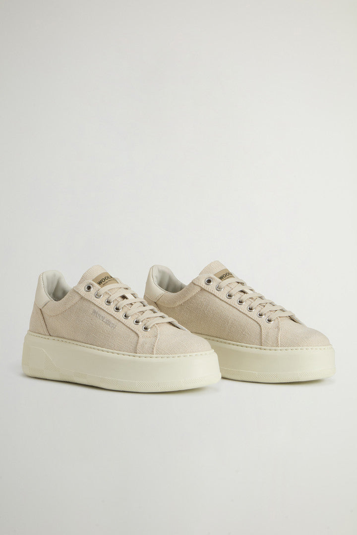 Chunky Court Sneakers with Embroidered Logo (Beige Off White) - Detail View 1
