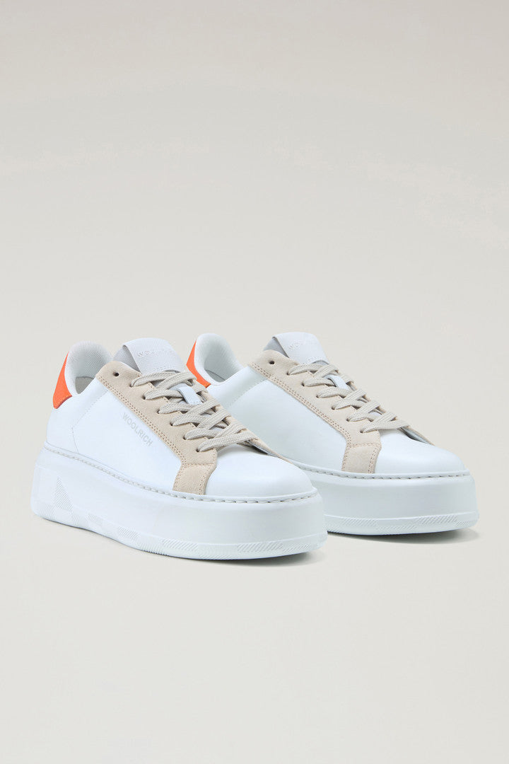 Chunky Court Sneakers in Leather with Contrasting Trim (White Beige) - Detail View 1